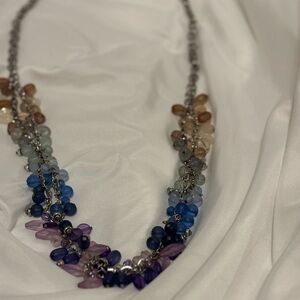 Coldwater Creek necklace / blue, purple, and neutral beads/ silver tone chain
